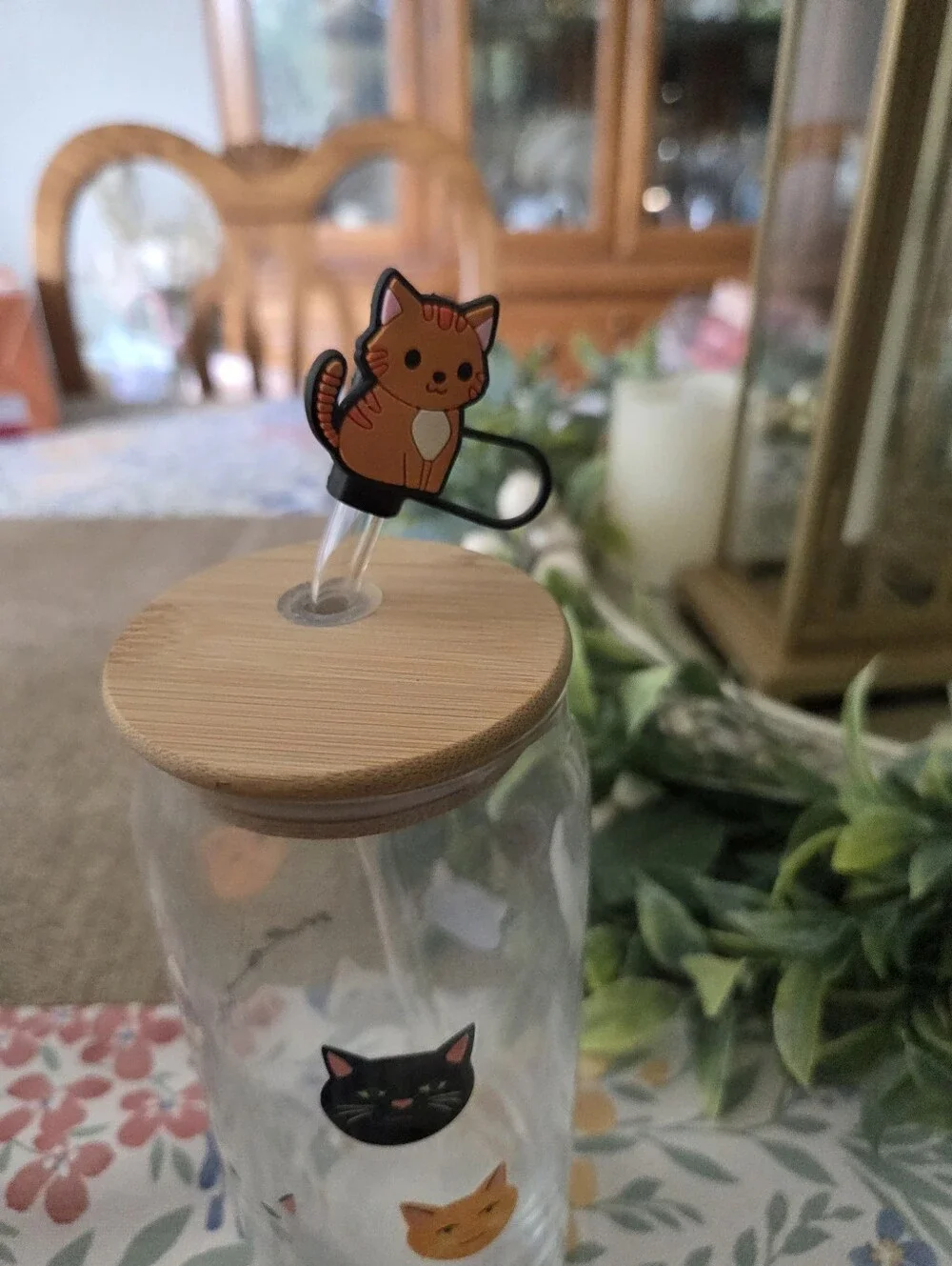 Glass Cat Face Water Bottle with Bamboo Lid and Straw - Multicolor